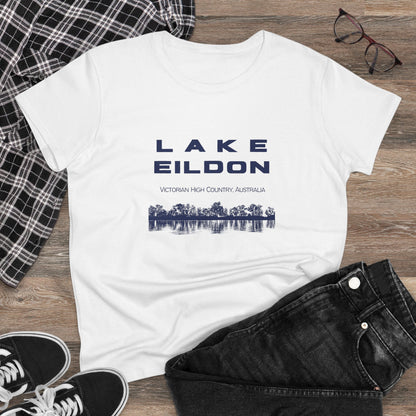 Women's Lake Eildon Reflection T-shirt, Navy Print on White