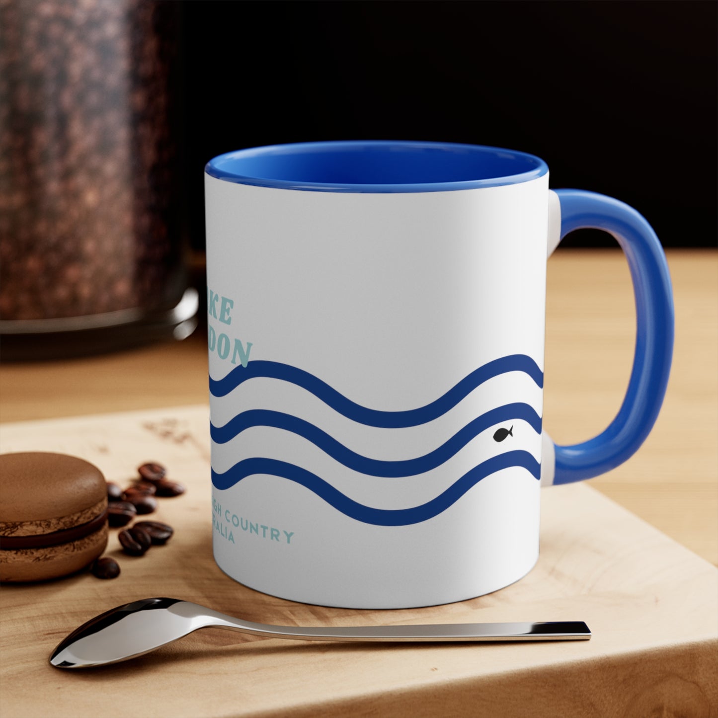 Lake Eildon colour contrast coffee mug, with navy and blue wave design