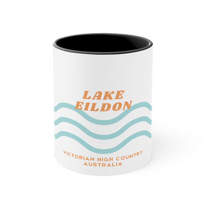 Lake Eildon colour contrast coffee mug, with orange and blue wave design