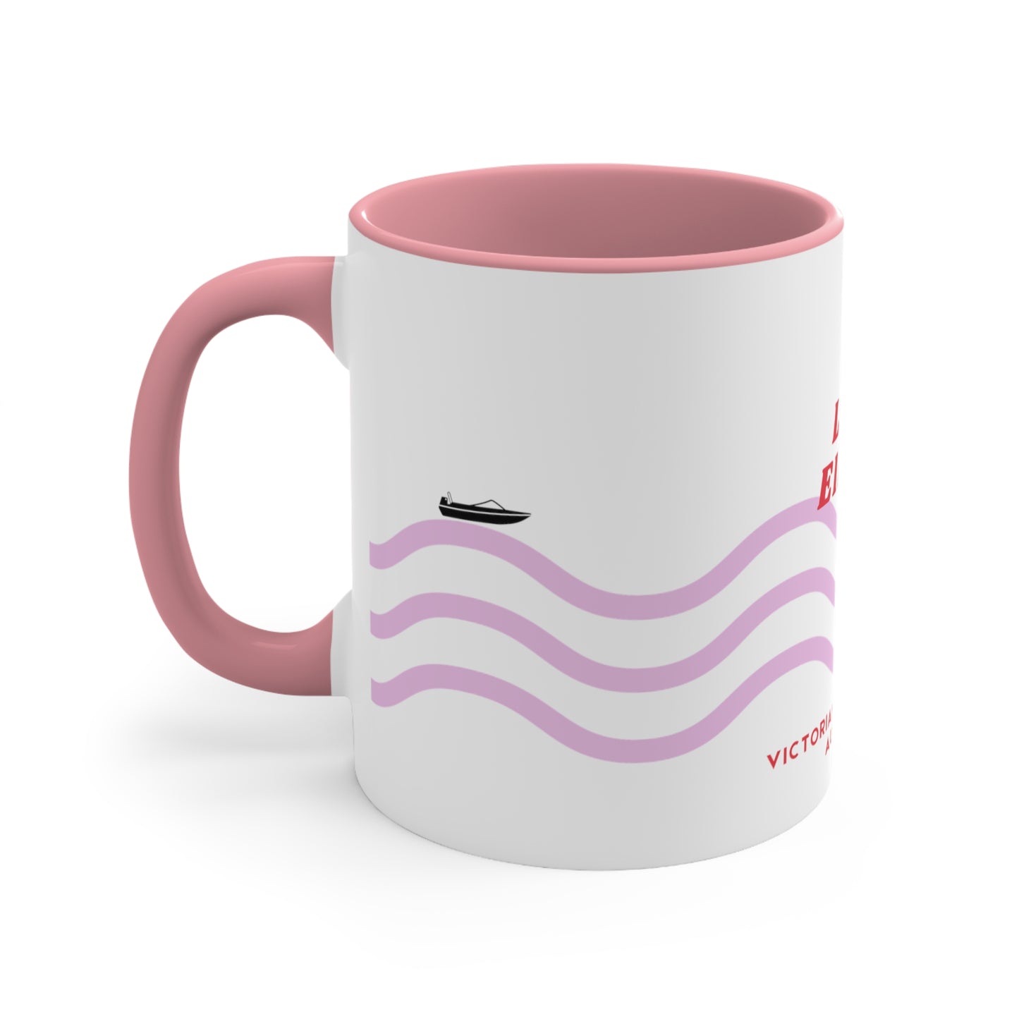 Lake Eildon colour contrast coffee mug, with pink and red wave design