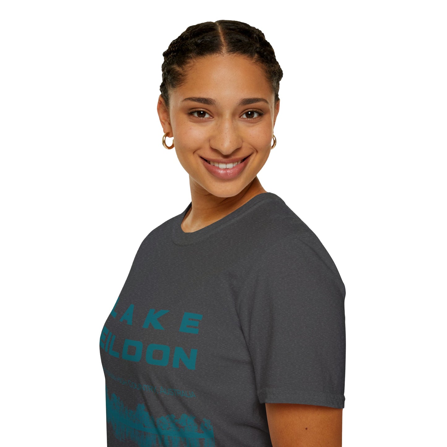 Lake Eildon Reflection T-Shirt, Teal on Dark Heather Grey