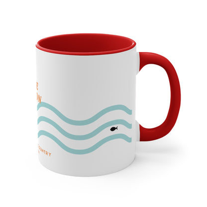 Lake Eildon colour contrast coffee mug, with orange and blue wave design