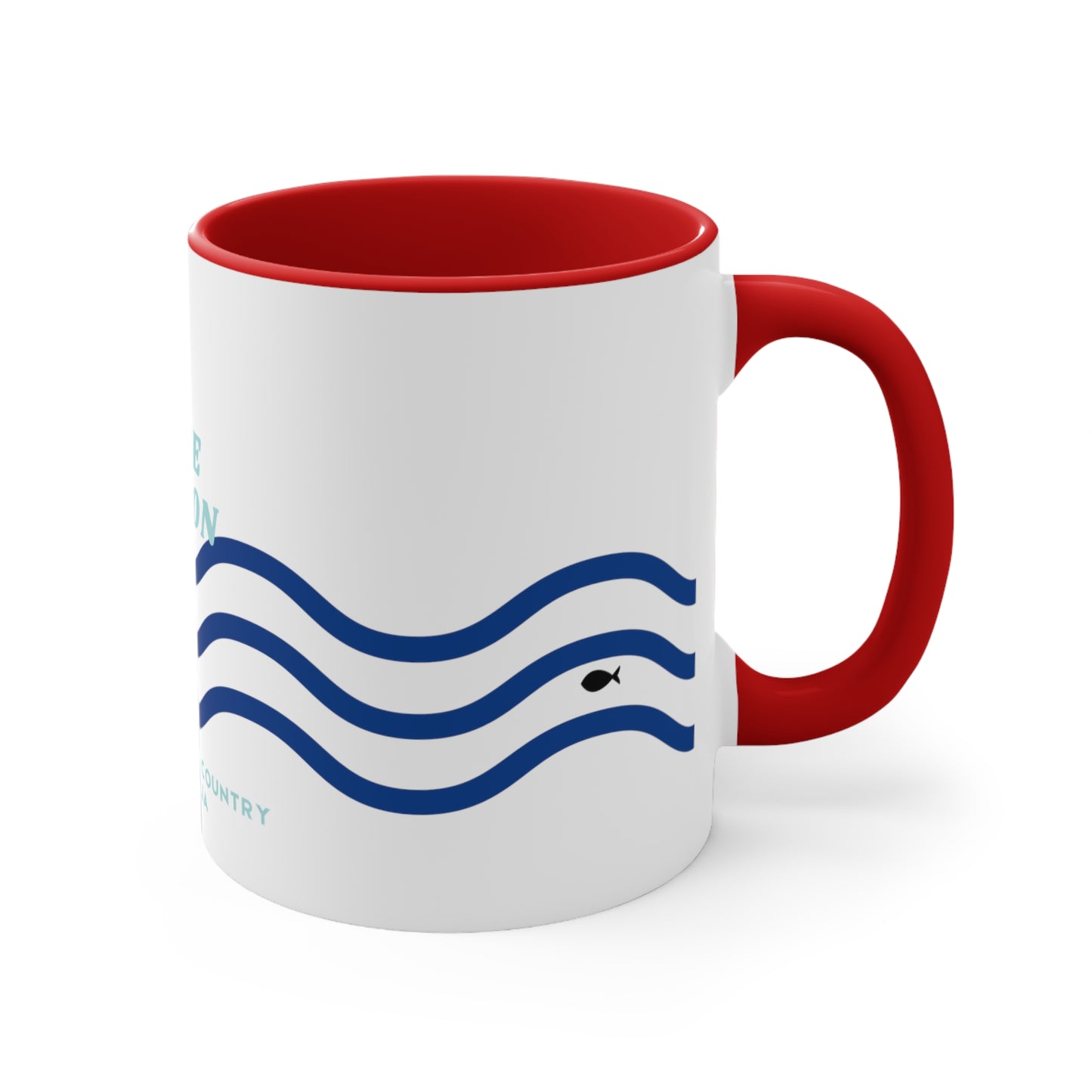 Lake Eildon colour contrast coffee mug, with navy and blue wave design