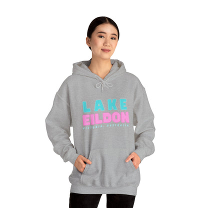 Lake Eildon Hoodie, Pastel Pink and Blue on Grey