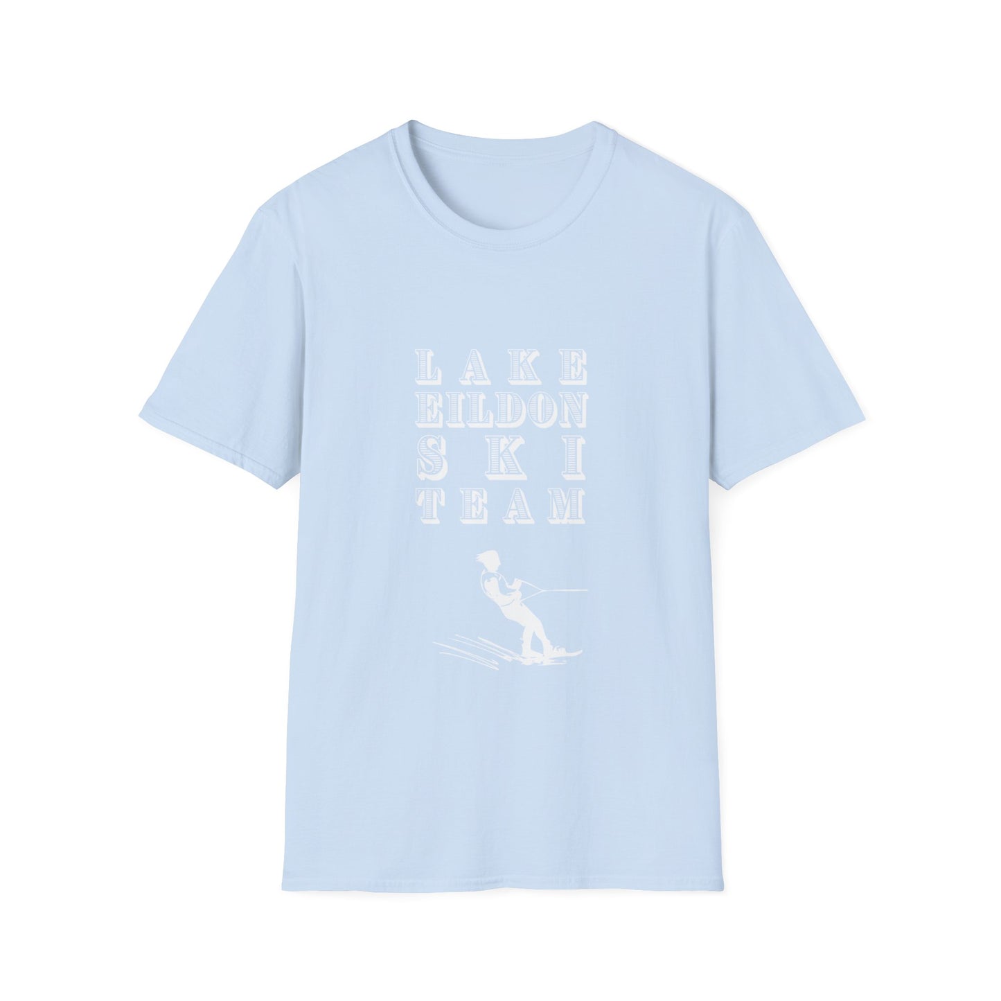 Lake Eildon Waterskiier T-Shirt, White on Light Blue