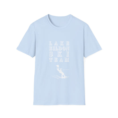 Lake Eildon Waterskiier T-Shirt, White on Light Blue