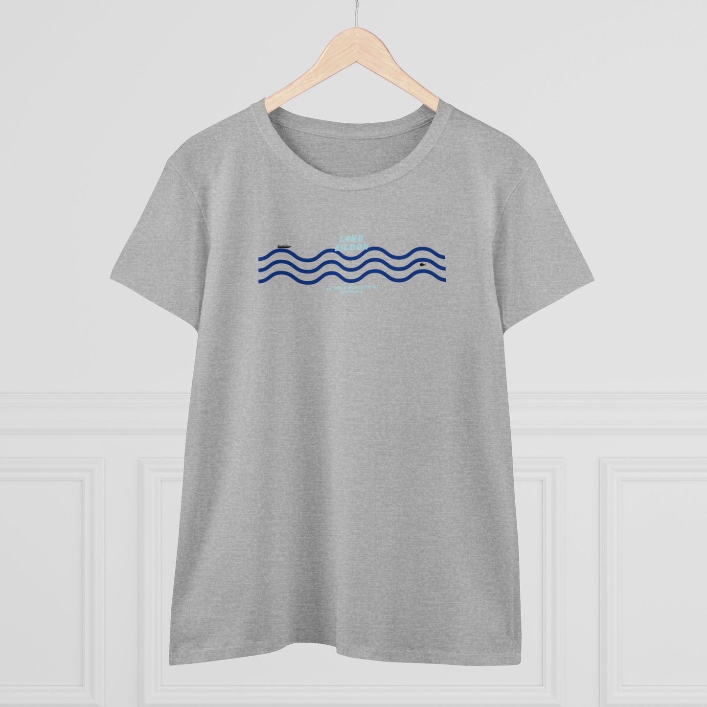 Women's Lake Eildon Wavy T-shirt, Blue Print on Grey