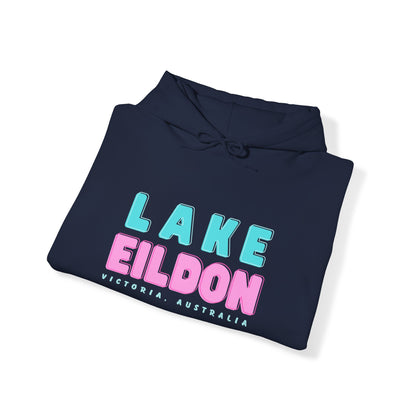 Lake Eildon Hoodie, Pastel Pink and Blue on Navy