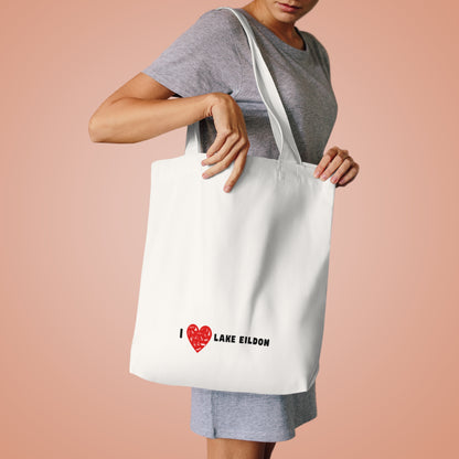 Lake Eildon Love, Cotton Tote Bag, Red Heart on Beige