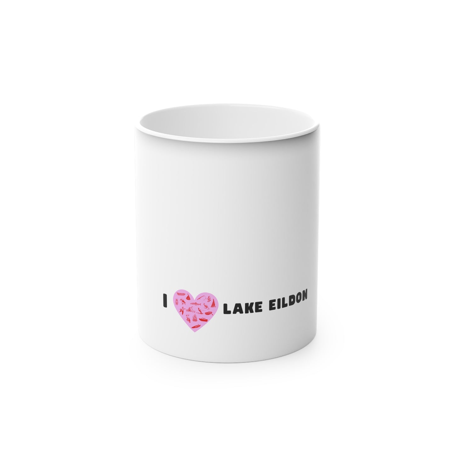 Lake Eildon coffee mug - reveals pink heart as the mug heats up