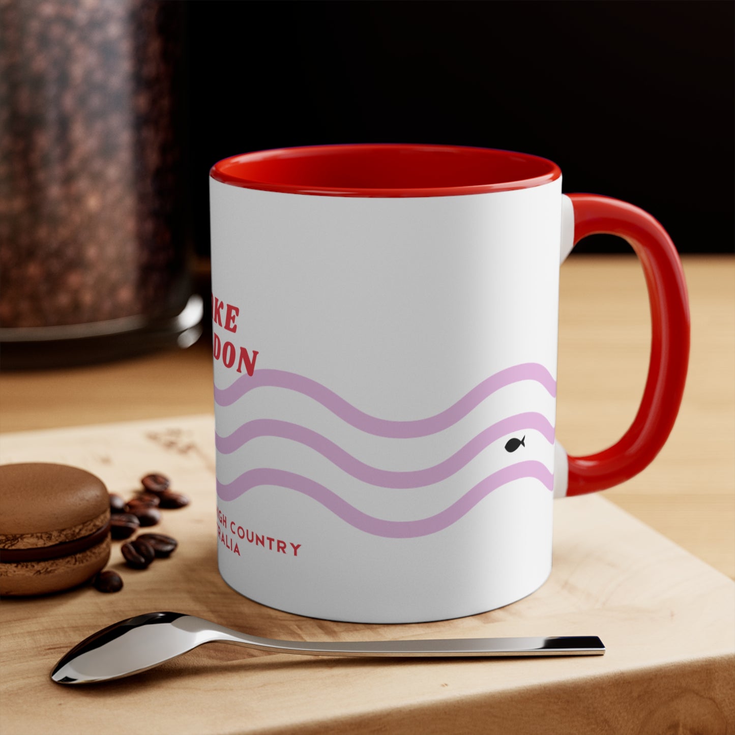 Lake Eildon colour contrast coffee mug, with pink and red wave design