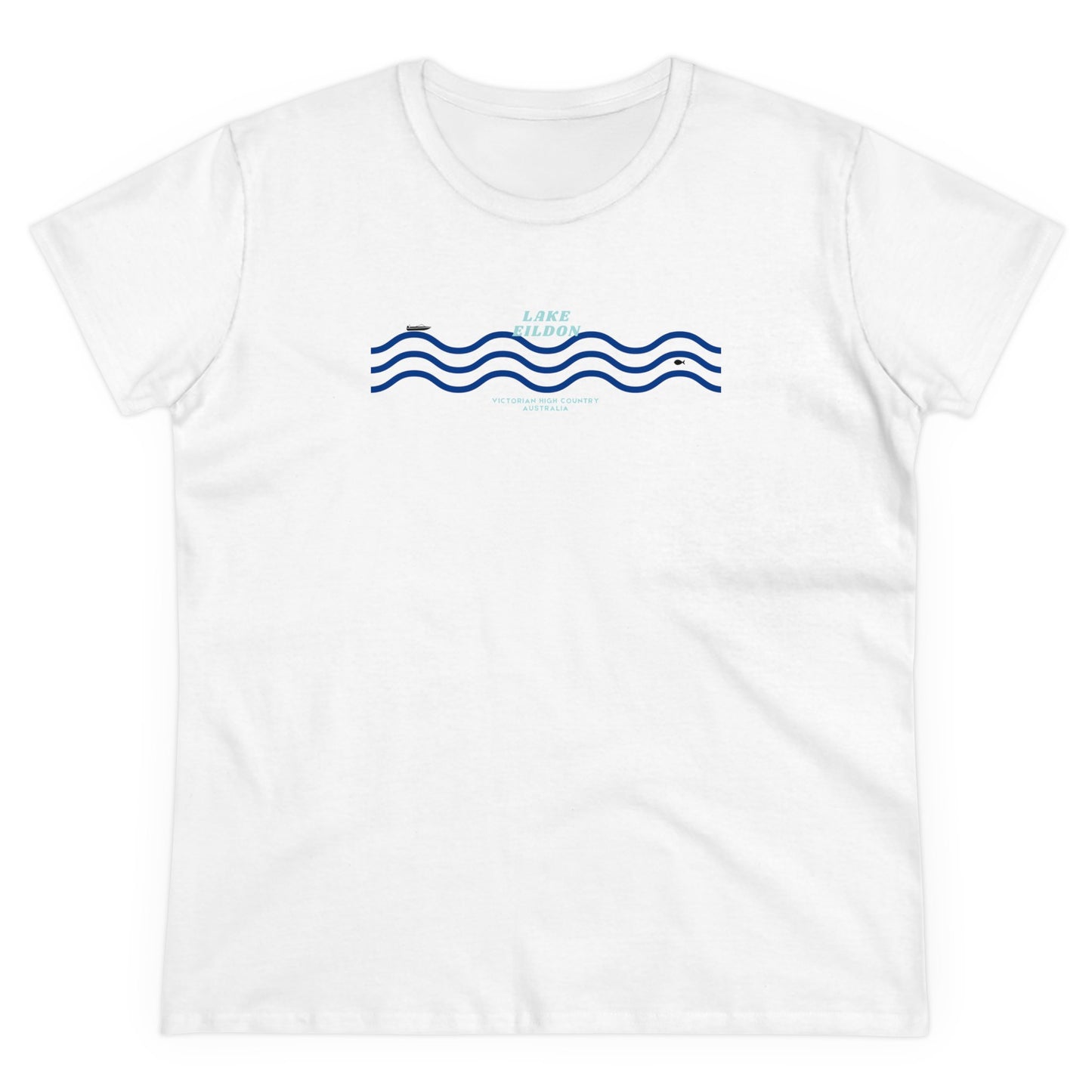 Women's Lake Eildon Wavy T-shirt, Blue Print on White