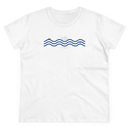 Women's Lake Eildon Wavy T-shirt, Blue Print on White