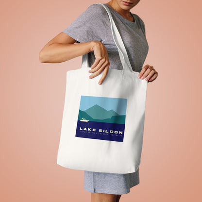 Lake Eildon Boat and Mountains Cotton Tote Bag, Beige