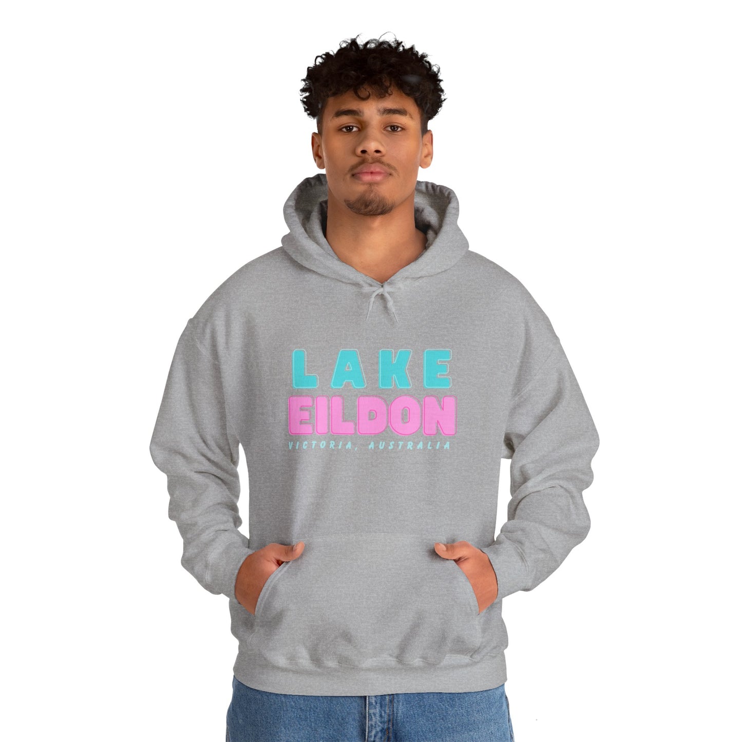 Lake Eildon Hoodie, Pastel Pink and Blue on Grey