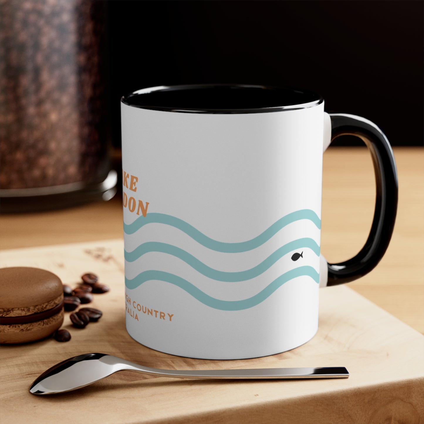 Lake Eildon colour contrast coffee mug, with orange and blue wave design