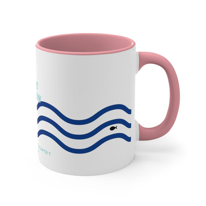 Lake Eildon colour contrast coffee mug, with navy and blue wave design