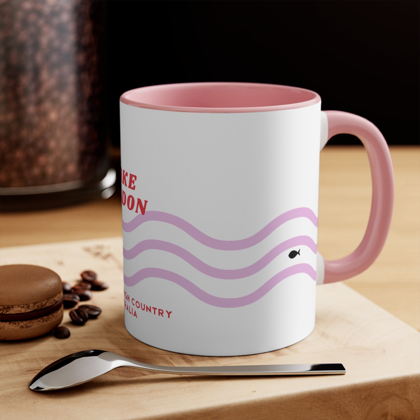 Lake Eildon colour contrast coffee mug, with pink and red wave design