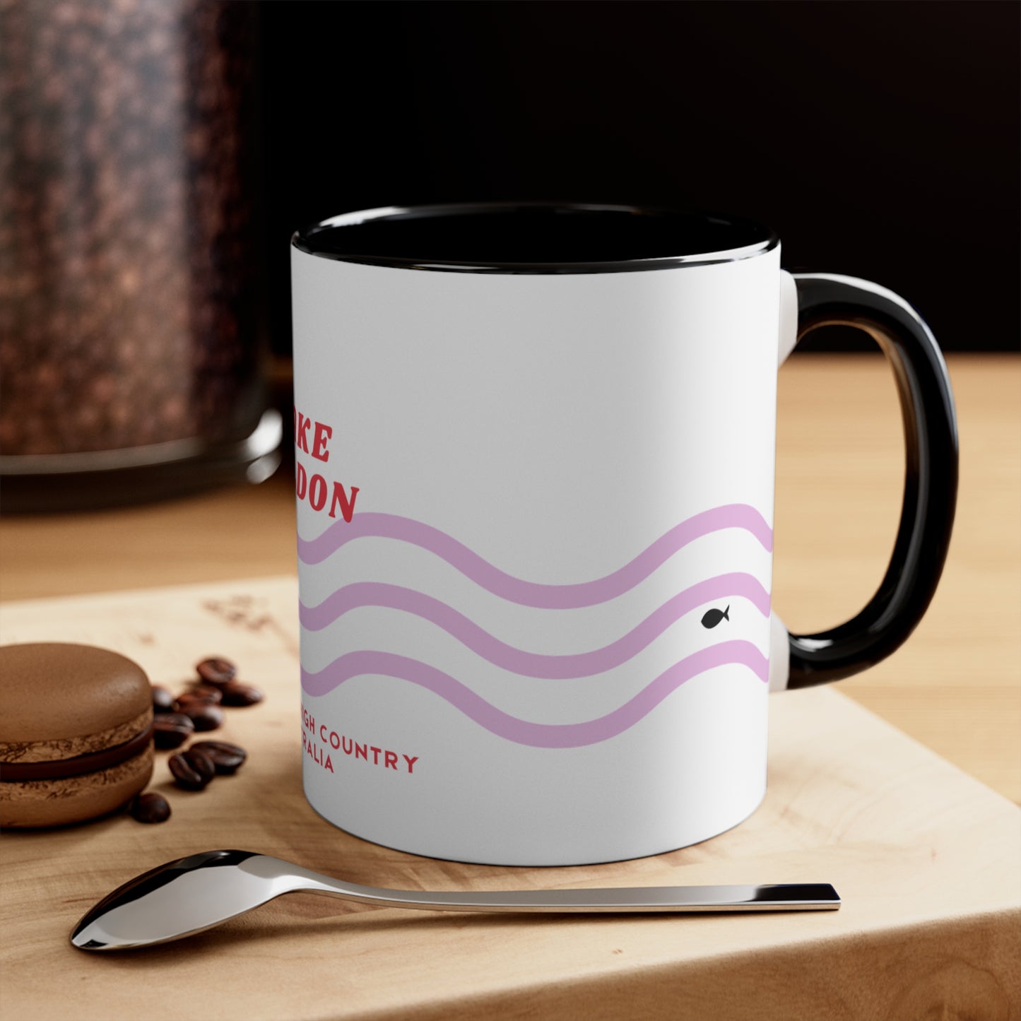 Lake Eildon colour contrast coffee mug, with pink and red wave design