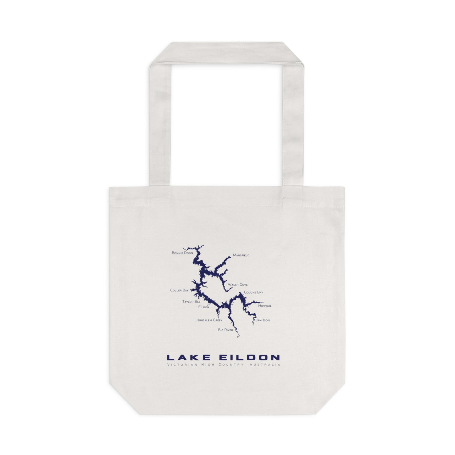 Lake Eildon Map, Cotton Tote Bag, Navy on Beige