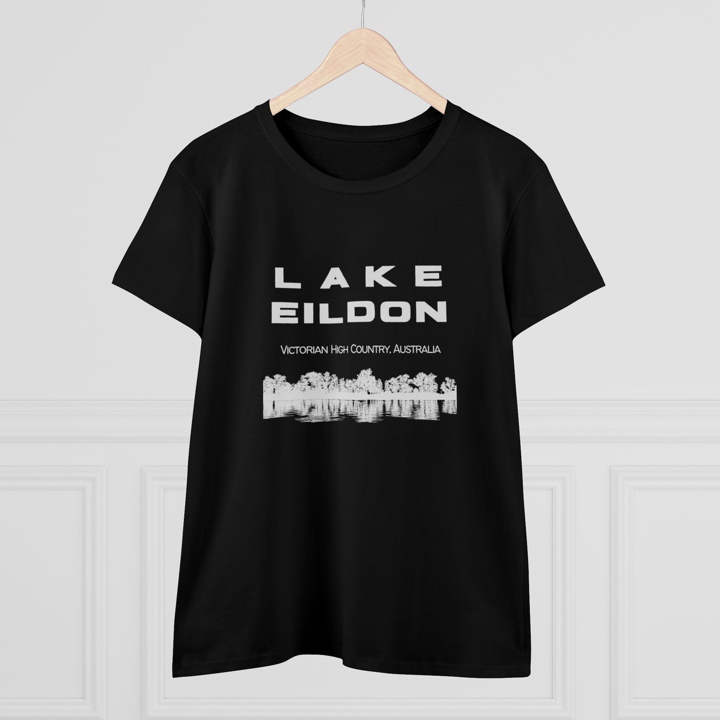 Women's Lake Eildon Reflection T-shirt, White-Grey Print on Black