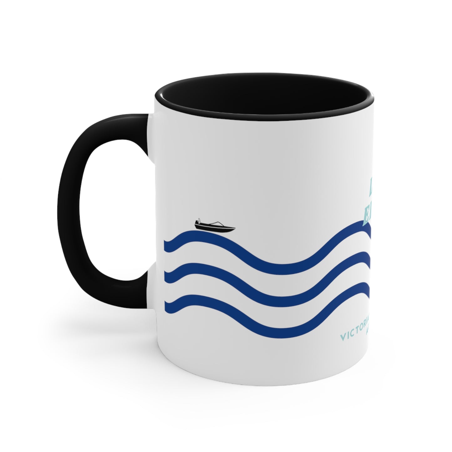 Lake Eildon colour contrast coffee mug, with navy and blue wave design