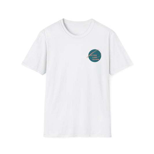 Lake Eildon Fishing T-Shirt, Teal and Peach on White