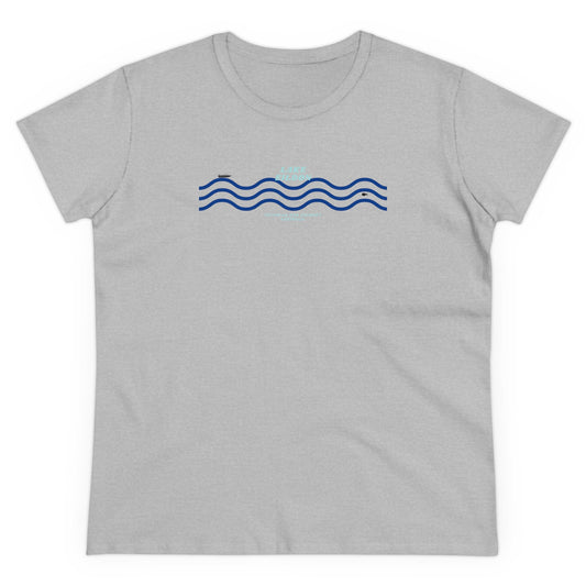 Women's Lake Eildon Wavy T-shirt, Blue Print on Grey