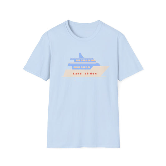 Lake Eildon Houseboat T-Shirt, Blue and Peach on Light Blue