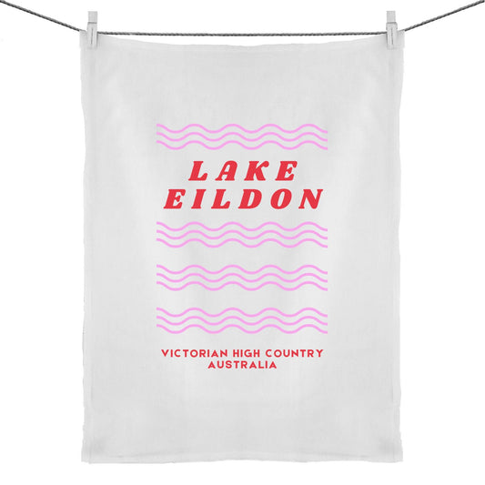 Lake Eildon waves tea towel, red and pink, organic cotton and linen, free shipping