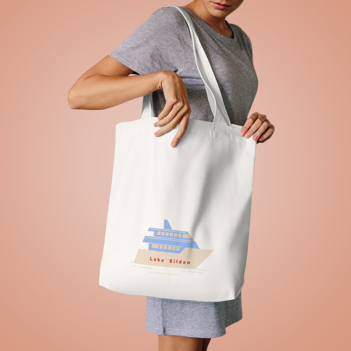 Lake Eildon Houseboat Cotton Tote Bag, Blue and Peach on Beige