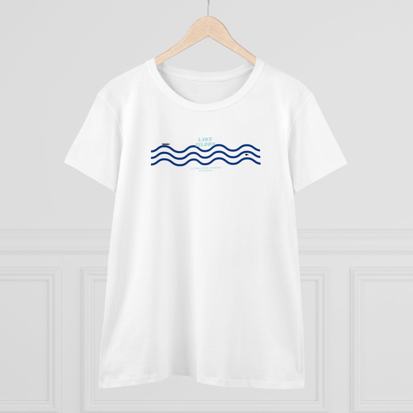 Women's Lake Eildon Wavy T-shirt, Blue Print on White