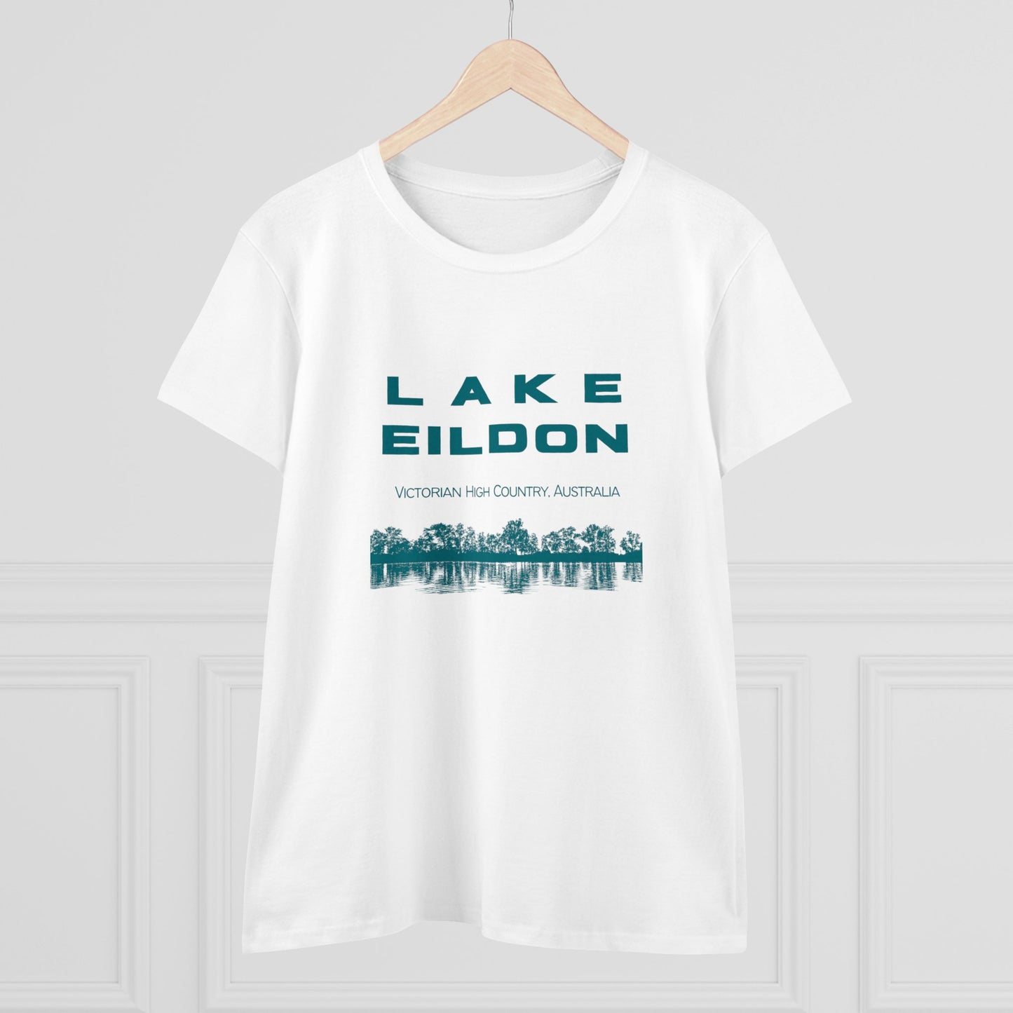 Women's Lake Eildon Reflection T-shirt, Green Print on White