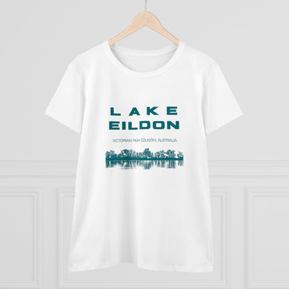 Women's Lake Eildon Reflection T-shirt, Green Print on White