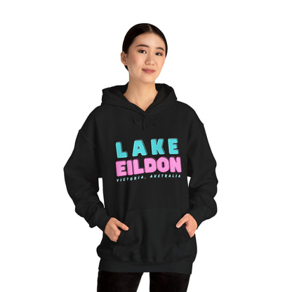 Lake Eildon Hoodie, Pastel Pink and Blue on Black