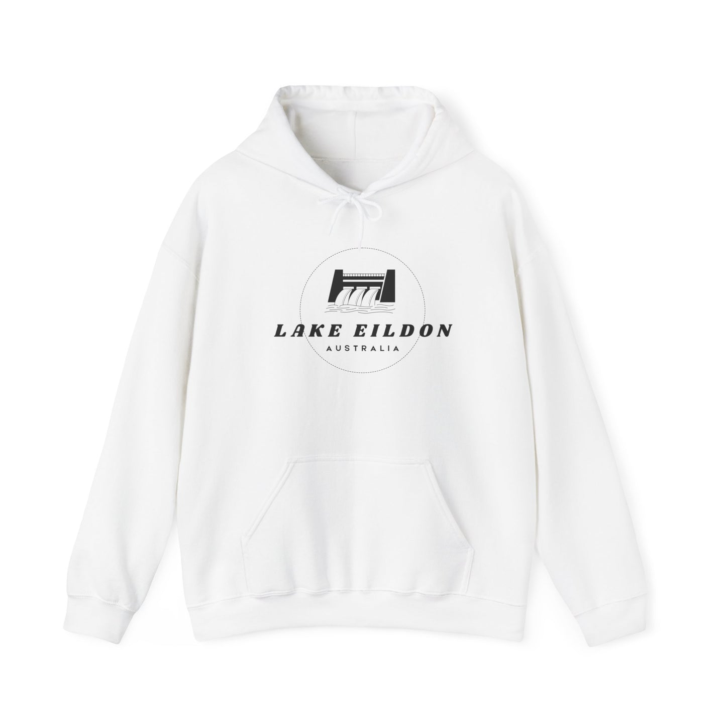 Lake Eildon Hoodie, Spillway in Black on White