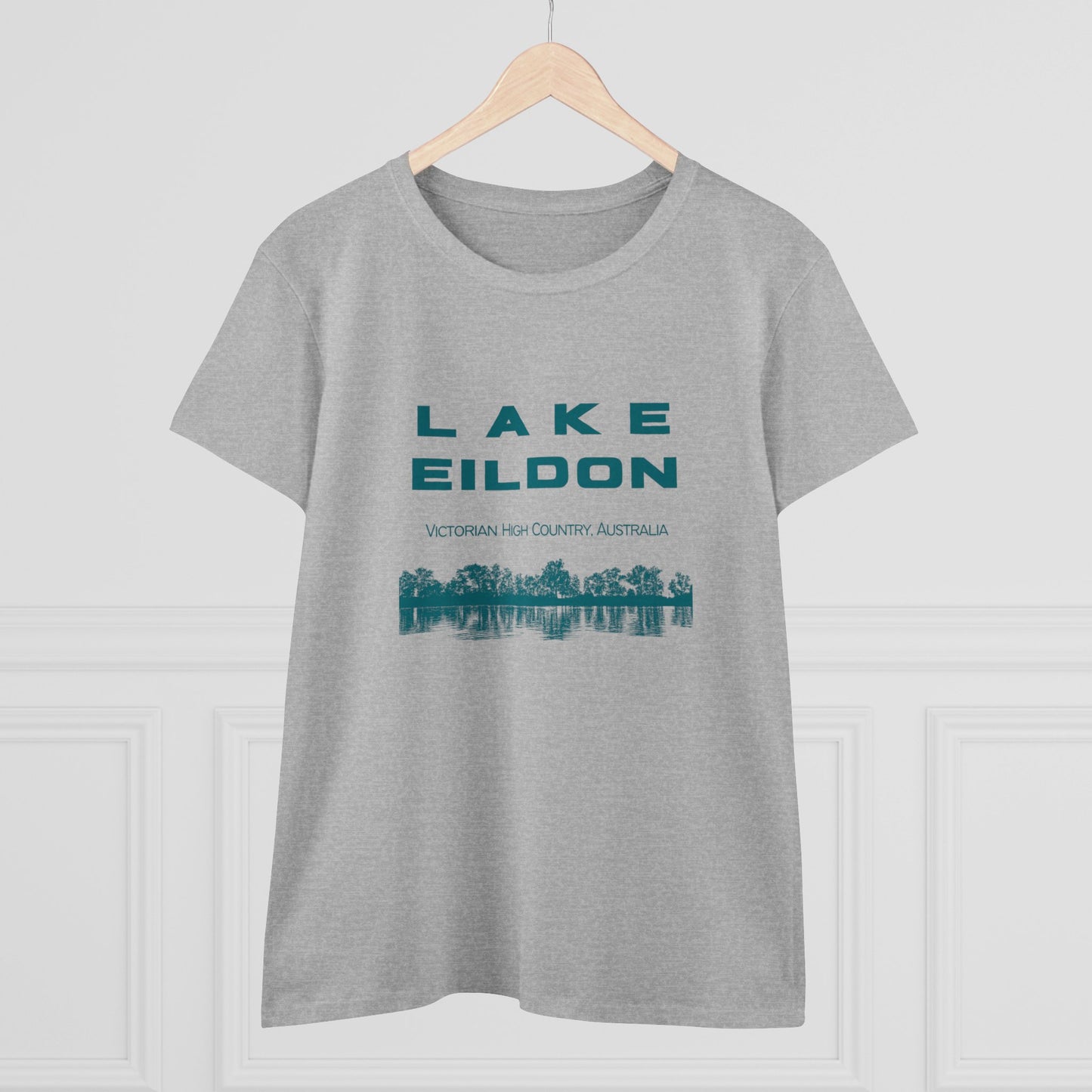 Women's Lake Eildon Reflection T-shirt, Green Print on Grey