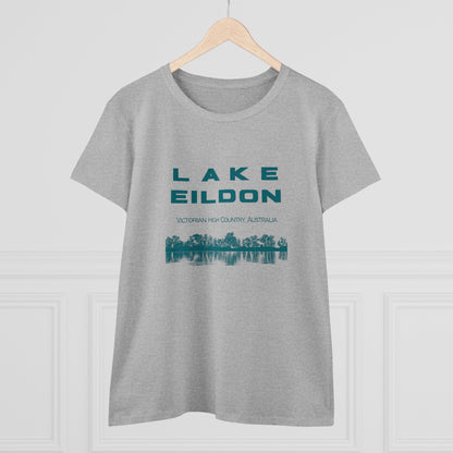 Women's Lake Eildon Reflection T-shirt, Green Print on Grey