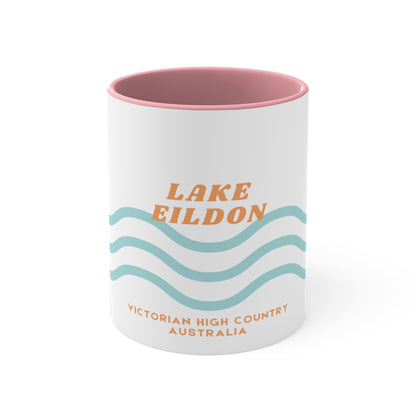 Lake Eildon colour contrast coffee mug, with orange and blue wave design