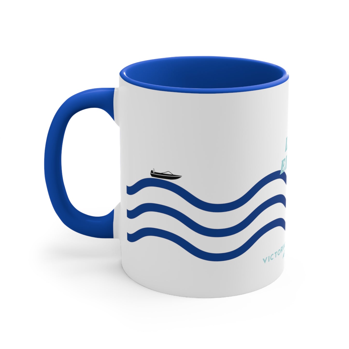 Lake Eildon colour contrast coffee mug, with navy and blue wave design