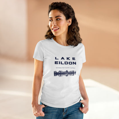 Women's Lake Eildon Reflection T-shirt, Navy Print on White