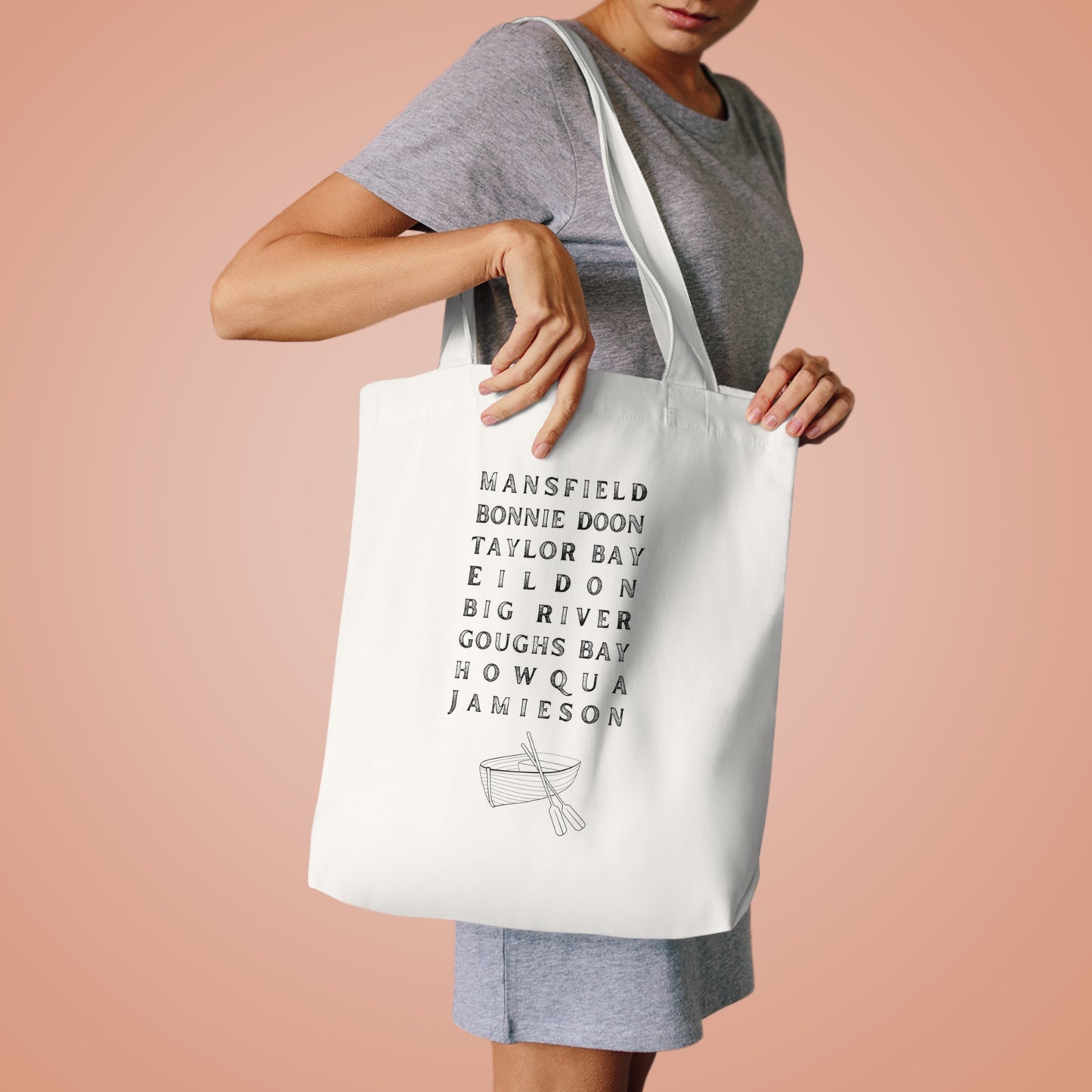 Lake Eildon Locations, Cotton Tote Bag, Black Text on Beige