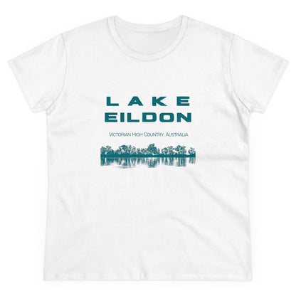 Women's Lake Eildon Reflection T-shirt, Green Print on White