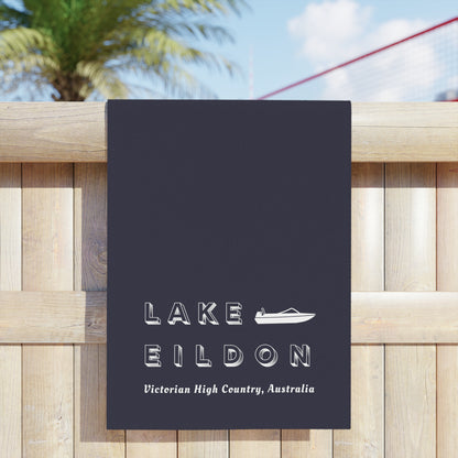 Lake Eildon Ski Boat Beach Towel in Dark Charcoal