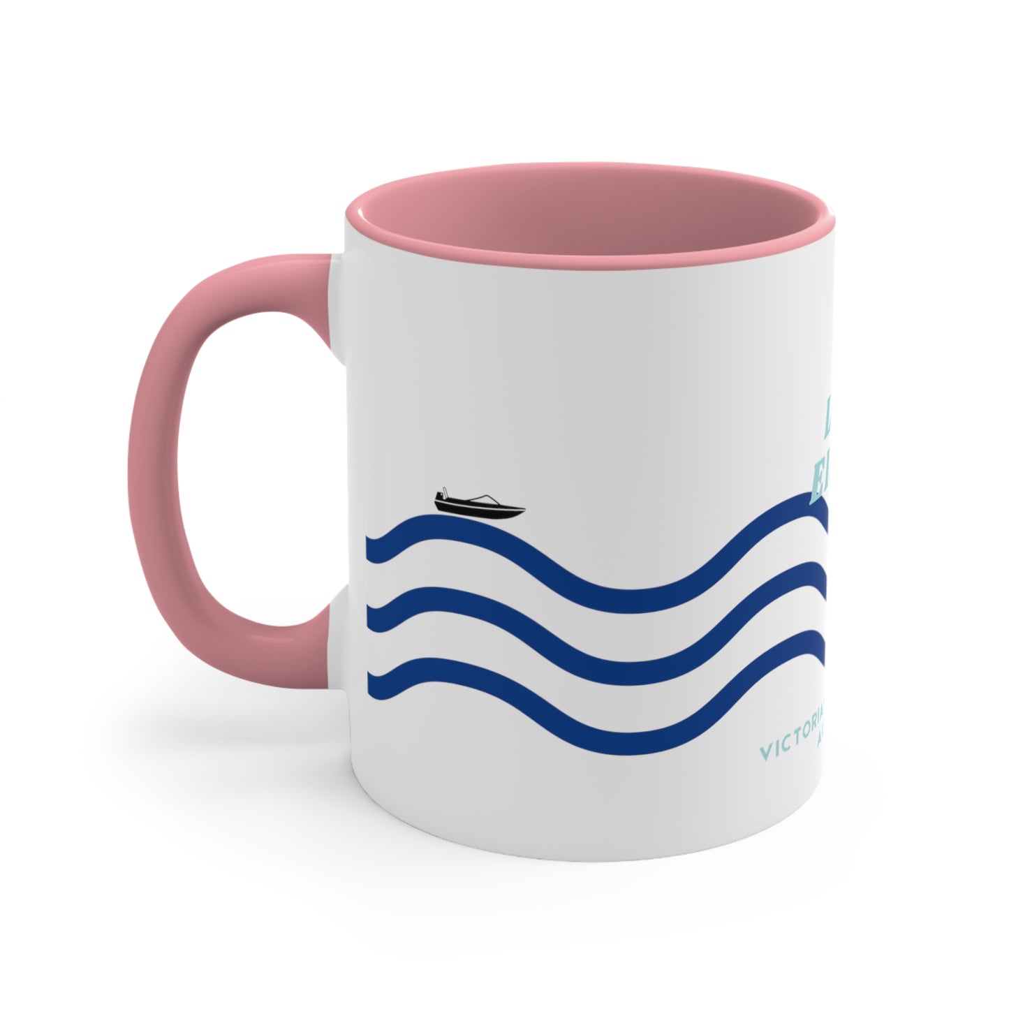 Lake Eildon colour contrast coffee mug, with navy and blue wave design