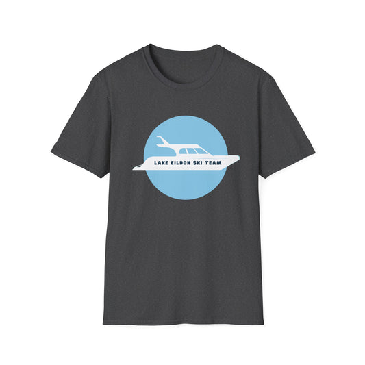 Lake Eildon Ski Team T-Shirt, Blue on Dark Heather Grey