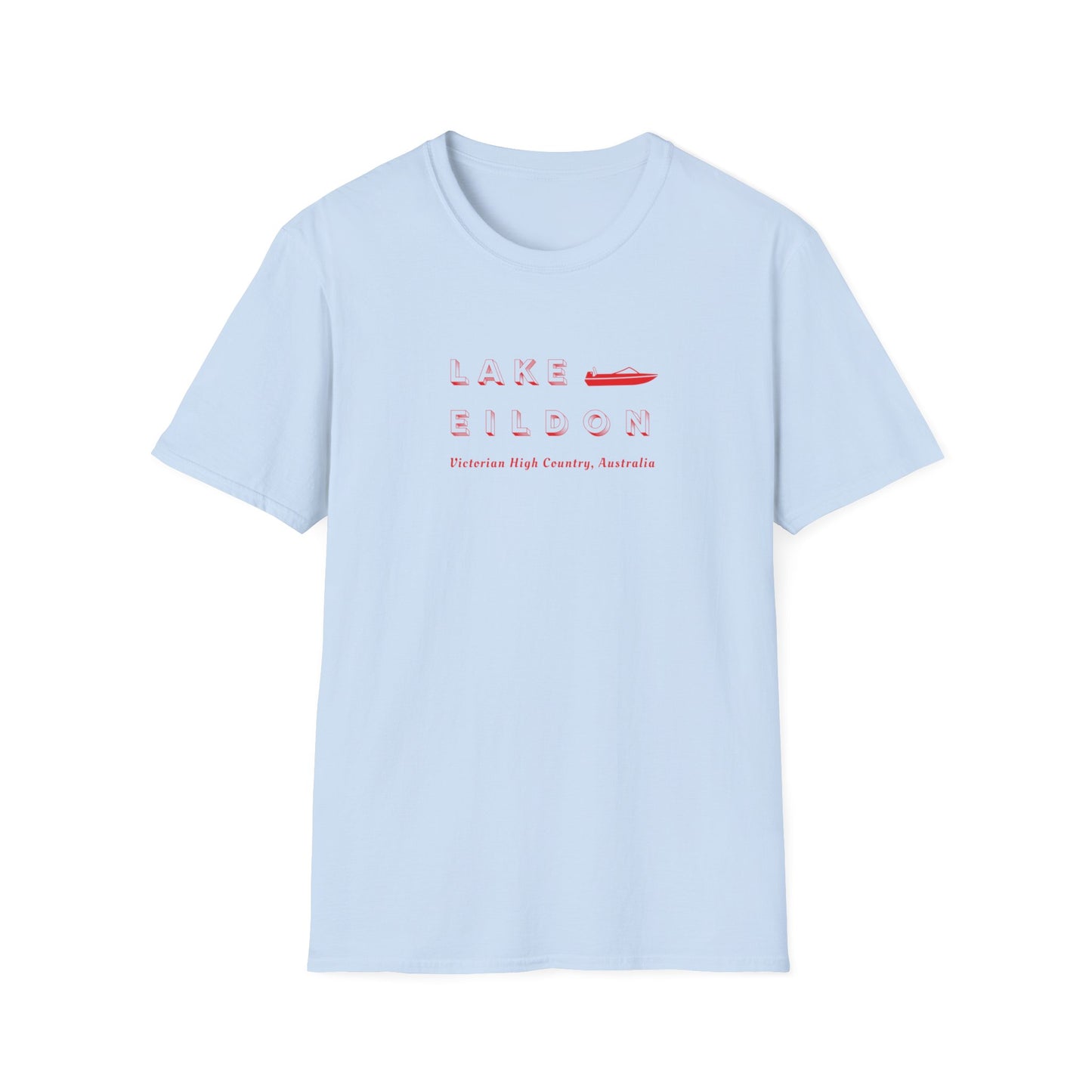 Lake Eildon Ski Boat T-Shirt, Red on Blue