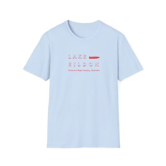 Lake Eildon Ski Boat T-Shirt, Red on Blue