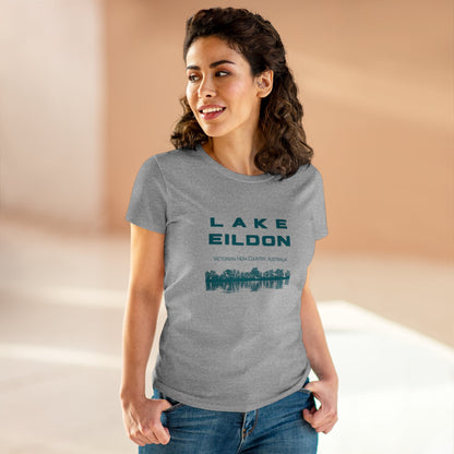 Women's Lake Eildon Reflection T-shirt, Green Print on Grey