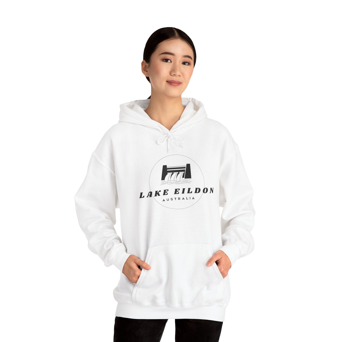 Lake Eildon Hoodie, Spillway in Black on White